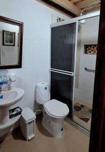 een badkamer met een toilet, een wastafel en een douche bij SA Cabaña cómoda y acogedora in San Agustín