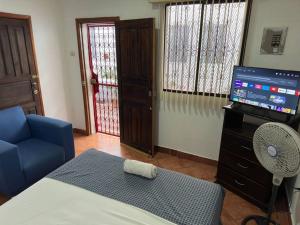 Una habitación con una cama, un televisor y una silla. en Apartamento Nilxon / Habitación, en Granada