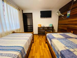 1 dormitorio con 2 camas y TV en la pared en Casa Lobos en Lobitos