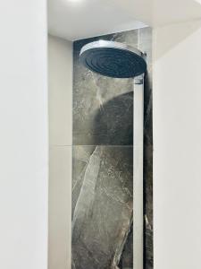 um chuveiro numa casa de banho com uma parede de vidro em Karukera lodge , Résidence Blue Dream em Grand-Bourg