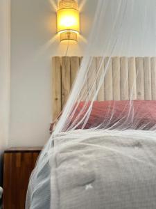 a bedroom with a bed with a mosquito net at Karukera lodge , Résidence Blue Dream in Grand-Bourg