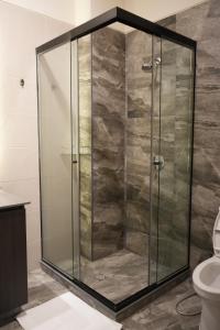 a glass shower in a bathroom with a toilet at Monoambiente de Lujo Cores in Cochabamba +5 photos