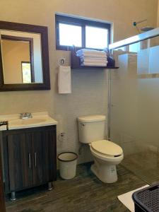 La salle de bains est pourvue de toilettes, d'un lavabo et d'un miroir. dans l'établissement Cabaña No.3 Puerta del Bosque Mazamitla., à Mazamitla