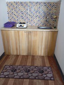 uma cozinha com um balcão com um lavatório e um tapete em Hazza syaria homestay em Garut