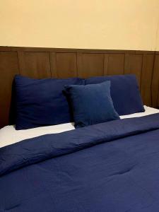 a bed with blue pillows on top of it at Hostal Casa Antigua Santa Ana in Santa Ana