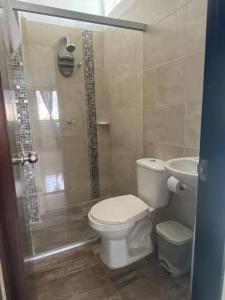een badkamer met een douche, een toilet en een wastafel bij Apartamento central in Apartadó