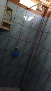 een kamer met een blauw plafond, een raam en een paraplu bij Casa Manatí in Lívingston