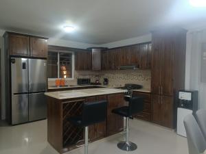 eine Küche mit Holzschränken und einem Kühlschrank aus Edelstahl in der Unterkunft BRISTOL HOME VILLA! Residencial Naime 3 in San Pedro de Macorís