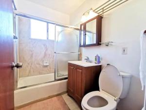 ein Bad mit einem WC, einer Dusche und einem Waschbecken in der Unterkunft Cozy 2Br 1Bath Home w/ Parking near El Cerrito and University of Berkeley in Richmond