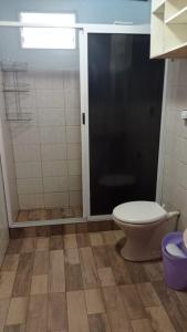 uma casa de banho com um WC e uma porta de duche em vidro. em Parana house em Puerto Iguazú