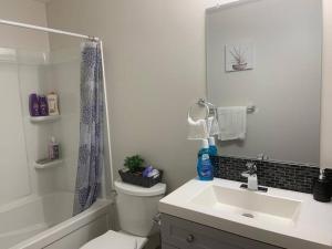 Un baño con lavabo, inodoro y ducha. en Guest Suite with Queen Bed -Home Away from Home, en Regina