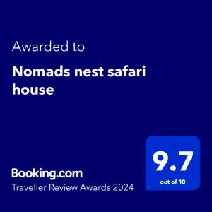 Сертификат, награда, табела или друг документ на показ в Nomads nest safari house