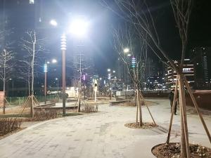 een park 's nachts met bomen en straatverlichting bij Loco House in Incheon