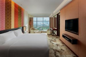a hotel room with a bed and a flat screen tv at Radisson Blu Hotel Liuzhou in Liuzhou
