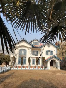 ein großes weißes Haus mit einer Palme in der Unterkunft The Bayt in Srinagar