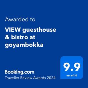 En logo, et sertifikat eller et firmaskilt på VIEW guesthouse & bistro at goyambokka