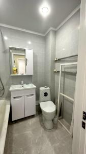 ウラリスクにある1 ком квартира ТД Астанаのバスルーム(トイレ、洗面台、シャワー付)