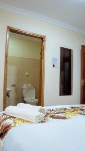 a bedroom with a bed with a toilet and a mirror at Fully Furnished 2BR Eclectic Homestay near UOE in Eldoret