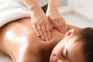 una mujer recibiendo un masaje de espalda de un terapeuta en Mas Les Fleurs d’Hilaire, en Monteux