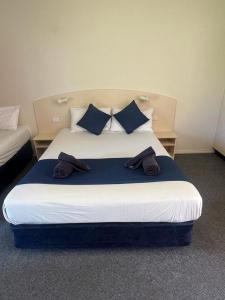 a bedroom with a large bed with blue pillows at Outback Quarters Motel Hay and Restaurant in Hay