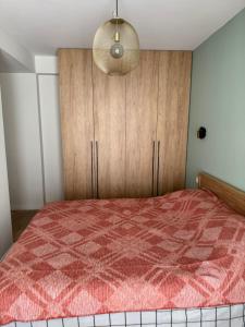 a bedroom with a bed and a wooden cabinet at Cozy one bedroom apartment in New Gudauri in Gudauri