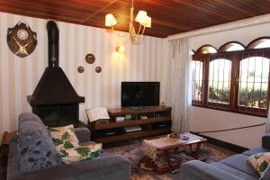 sala de estar con 2 sofás y chimenea en Pousada Recanto Sião, en Campos do Jordão