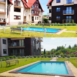 two pictures of a building and a swimming pool at Lisi Jar in Jastrzębia Góra