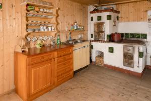 a kitchen with wooden cabinets and a sink at Garanshütte in Schwanberg