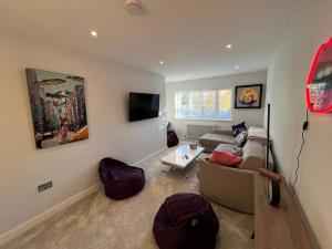 a living room with a couch and a tv at Squirrels Leap - beautiful one bed apartment in Alderley Edge