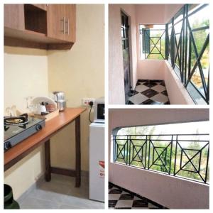 - deux photos d'une cuisine avec un comptoir et un balcon dans l'établissement Roma Stays- Modern and stylish Two-bedroom apartment in Busia (near Weighbridge), à Busia