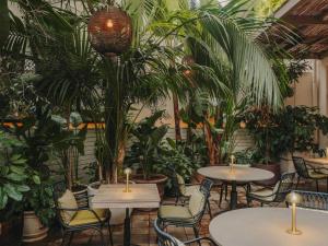 a restaurant with tables and chairs and plants at Hotel Pulitzer Barcelona in Barcelona