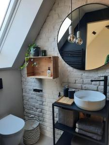 een badkamer met een wastafel en een spiegel bij Ateljee Sohie in Hoeilaart