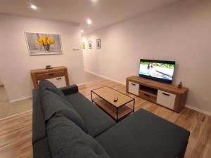 a living room with a couch and a tv at Alicante Apartament - 48m² ✓ in Rybnik