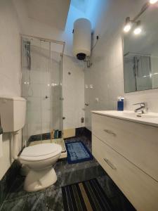 een badkamer met een toilet, een douche en een wastafel bij Villa Lilly in Pulsano