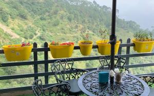 a table with four yellow potted plants on a fence at Vilasa by StayApart x Merlot Pines in Kasauli +7 photos