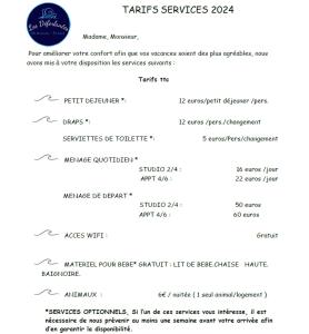 a screenshot of the menu of tarts services at Appartements Les Déferlantes Mimizan-plage in Mimizan-Plage