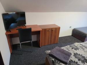 Pokój z biurkiem, telewizorem i łóżkiem w obiekcie Penzion Karolína w mieście Lučany nad Nisou