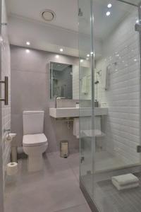 uma casa de banho com um WC, um lavatório e um chuveiro em ONOMO Hotel Johannesburg Sandton em Joanesburgo