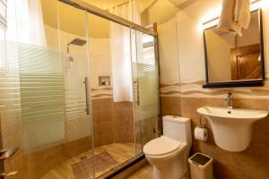 a bathroom with a shower and a toilet and a sink at INGANZO BOUTIQUE HOTEL in Kigali