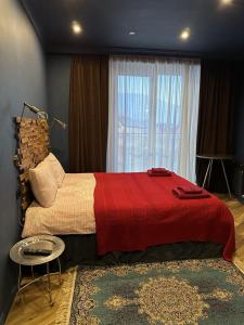 1 dormitorio con 1 cama con manta roja y ventana en New Gudauri Loft 2 Apartment 129 en Gudauri