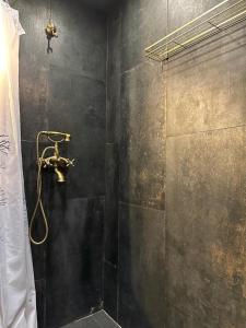 a bathroom with a shower with a black wall at New Gudauri Loft 2 Apartment 129 in Gudauri