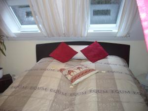 ein Bett mit zwei roten Kissen darüber in der Unterkunft Voßhörn 27, Ferienwohnung 4 in Cuxhaven