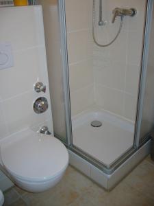 ein Bad mit einem WC und einer Dusche in der Unterkunft Voßhörn 27, Ferienwohnung 4 in Cuxhaven