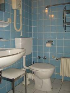 een blauw betegelde badkamer met een toilet en een wastafel bij Seehütte Ferienwohnung 306 in Cuxhaven