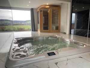 a bath tub in a bathroom with a large window at Superbe appartement avec spa privatif in Vincelles