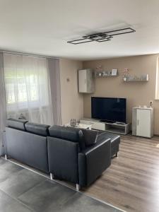 ein Wohnzimmer mit einem Sofa und einem Flachbild-TV in der Unterkunft Brunnerhof Urlaub auf dem Land in Hartenstein