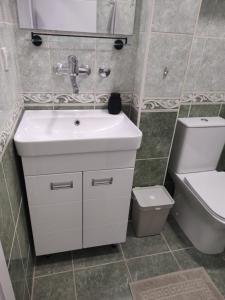 a bathroom with a white sink and a toilet at Left Coast studio apartment in Belgrade