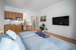 um quarto com uma cama grande e uma cozinha em Best Location Apartment AIR-CONDITIONED em Bratislava