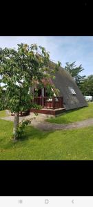 Snowdonia View@puffin Lodges في Chwilog: بيت فيه سطح وشجر في الساحه