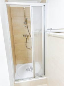 een douche met een glazen deur in de badkamer bij Alte Försterei in Thale